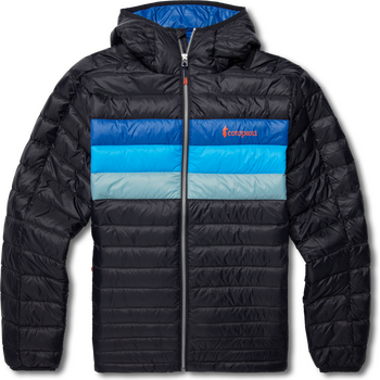 Cotopaxi Fuego Down Hooded Jacket Mens, Black & Pacific Stripes, S